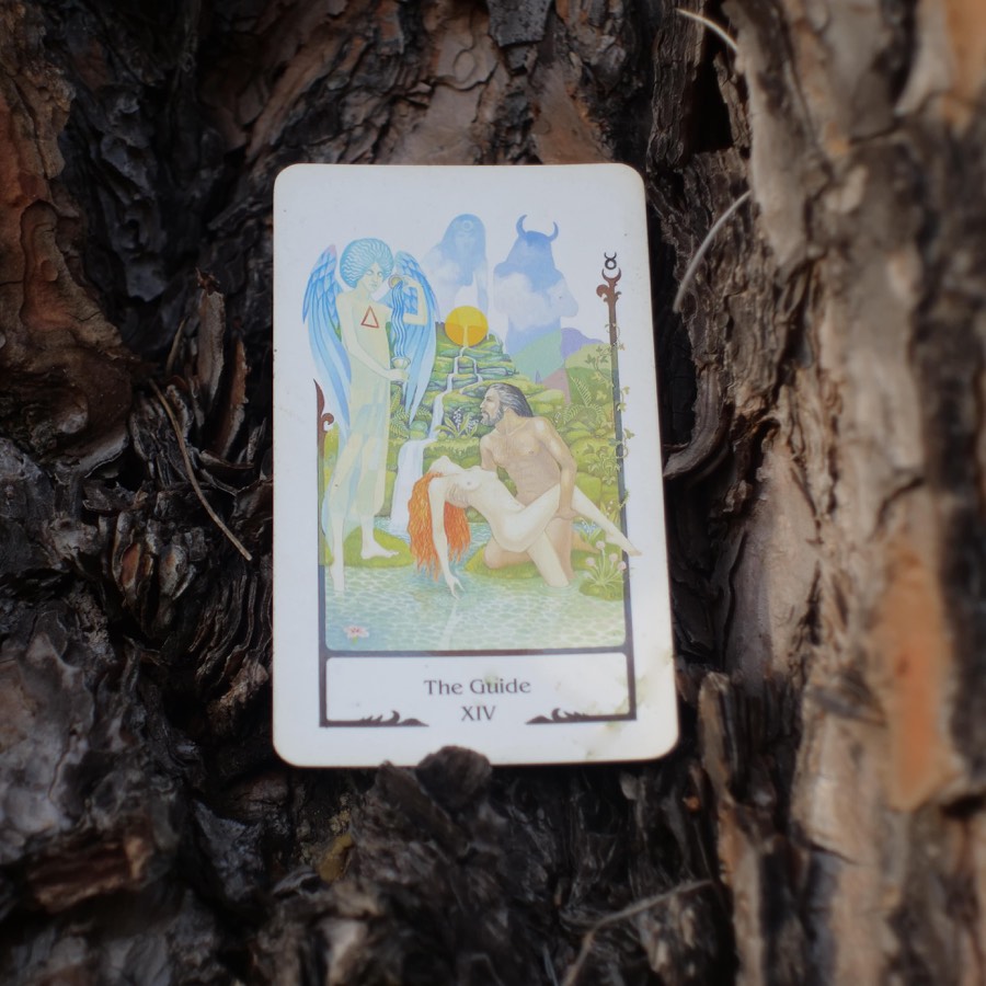 The Temperance tarot card photographed outdoors