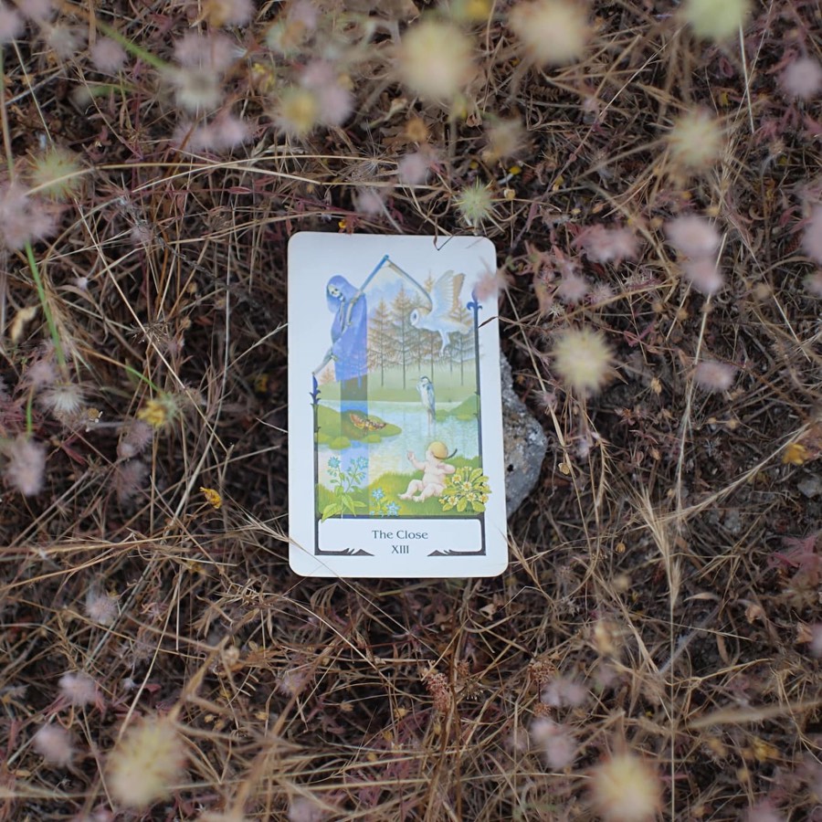 The Death tarot card photographed outdoors