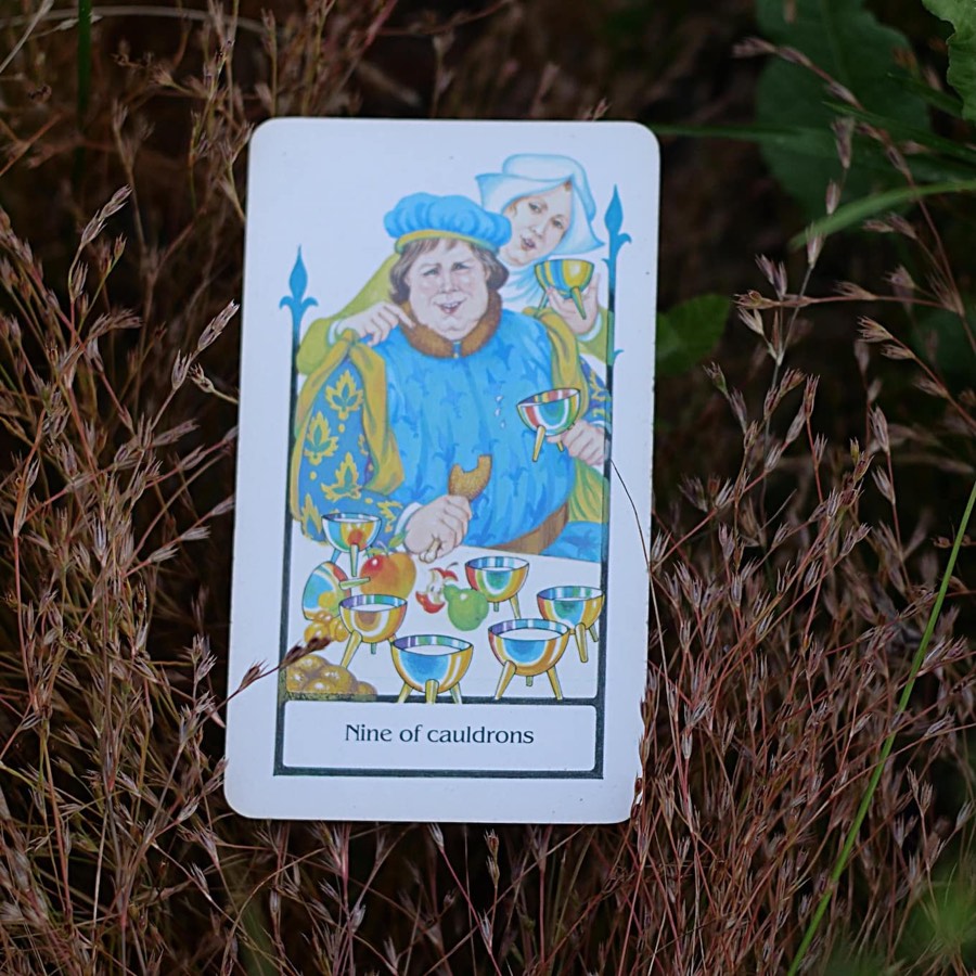 The Nine of Cups tarot card photographed outdoors