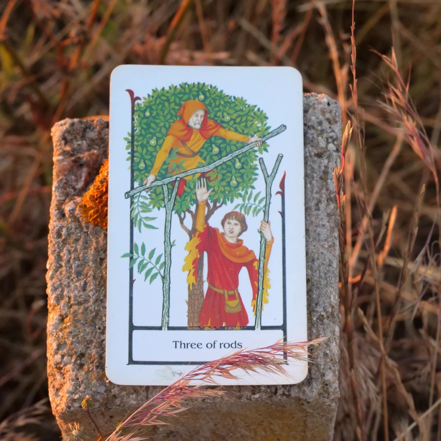 The Three of Wands tarot card photographed outdoors