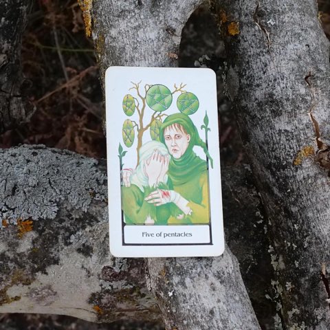Five of Pentacles tarot card, photographed outdoors