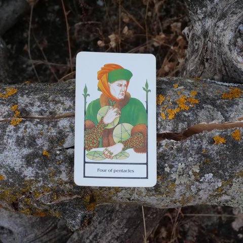 Four of Pentacles tarot card, photographed outdoors
