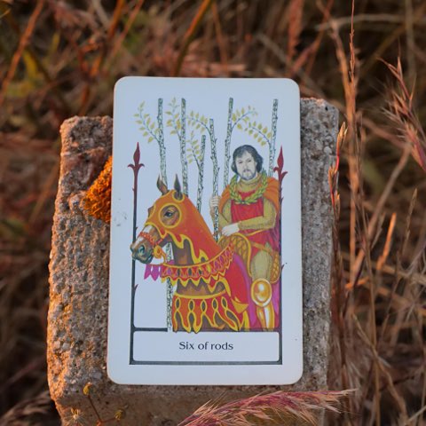 Six of Wands tarot card, photographed outdoors