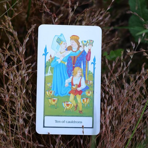 Ten of Cups tarot card, photographed outdoors