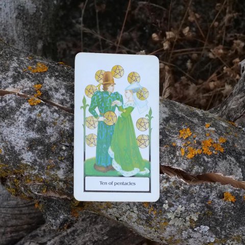Ten of Pentacles tarot card, photographed outdoors